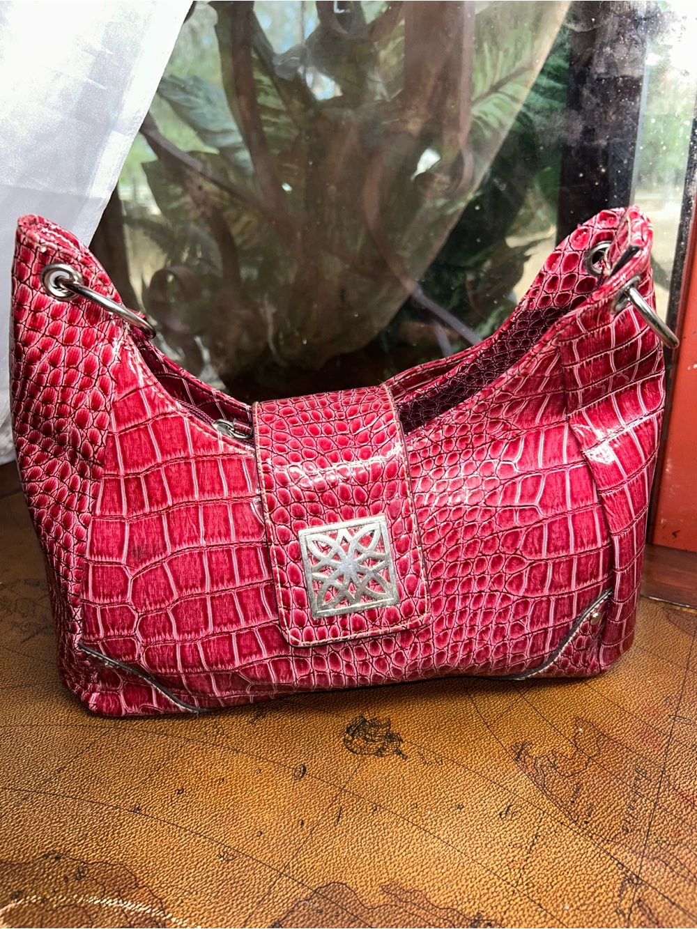 Croc-Embossed Shoulder Bag in Vibrant Pink